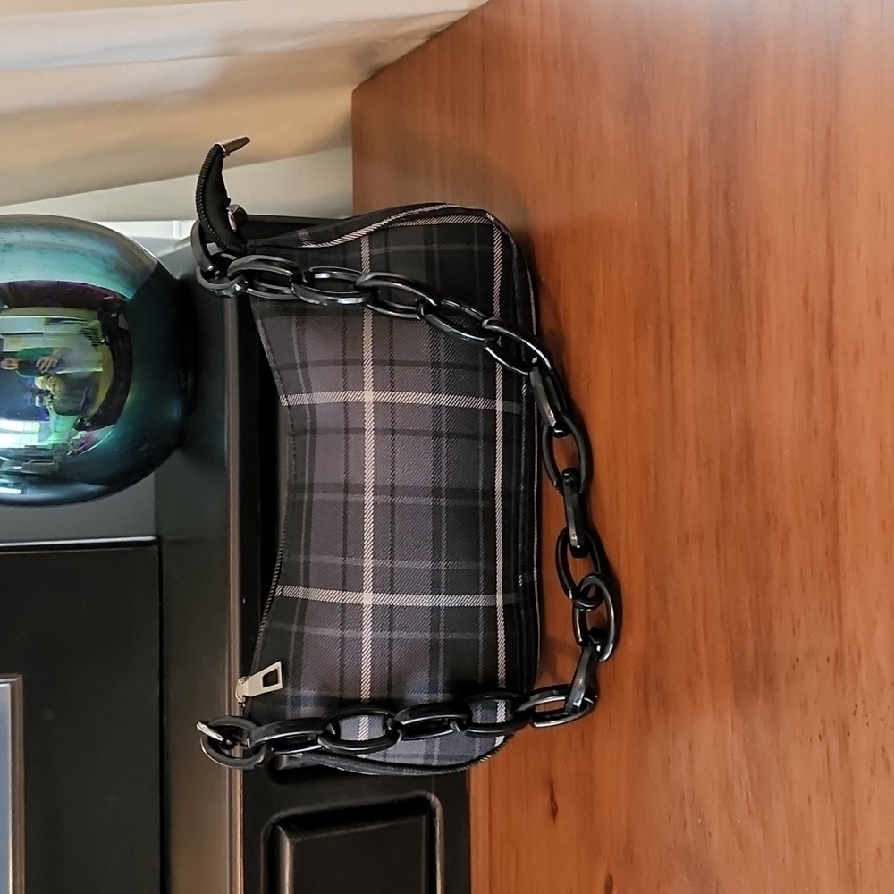 Plaid Baguette Bag with Chain